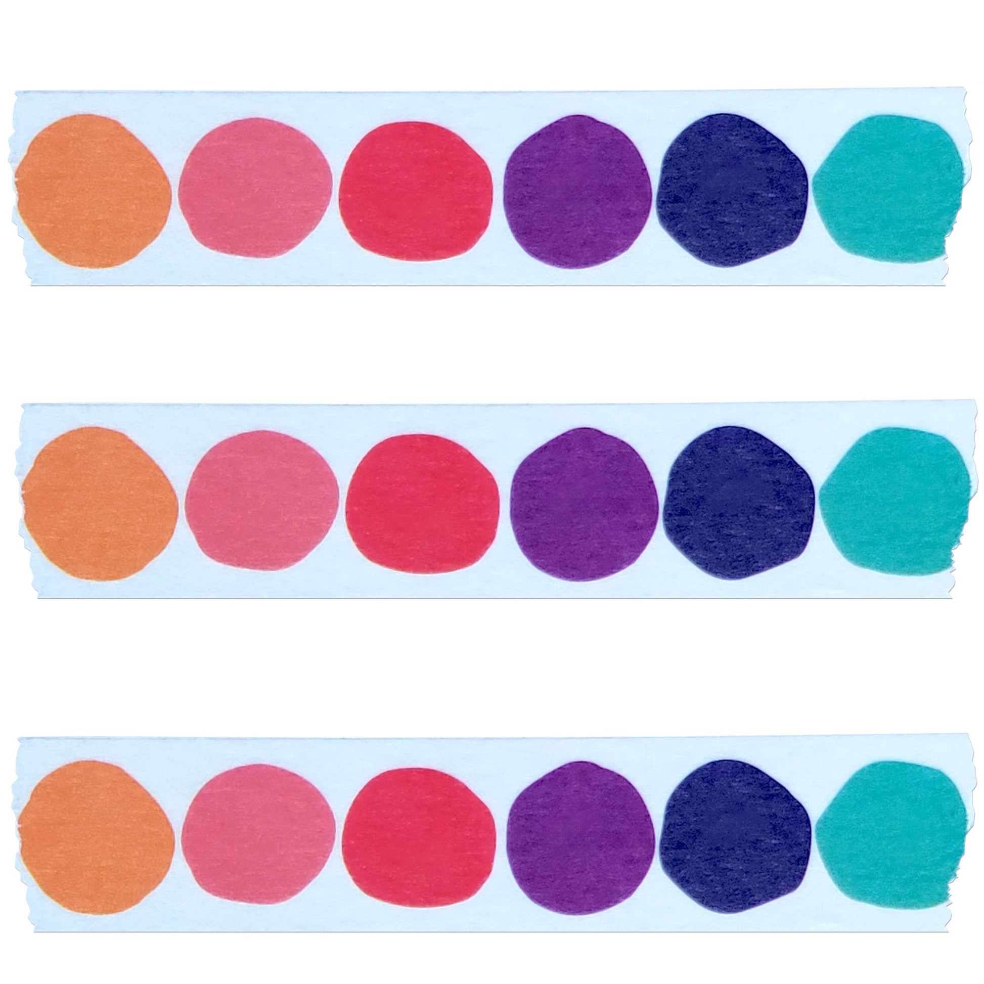 Three strips of the Rainbow Dot washi tape on a white background