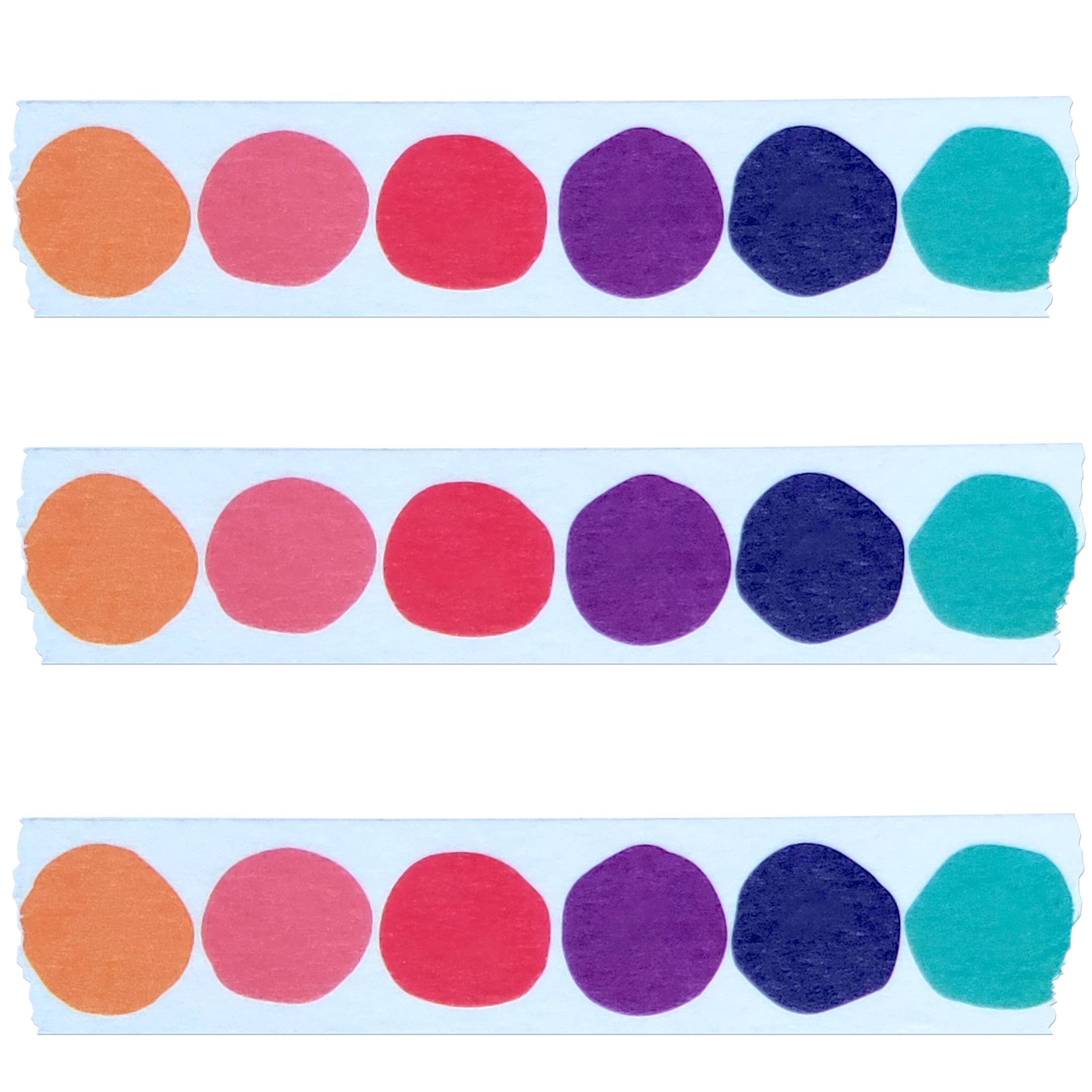 Three strips of the Rainbow Dot washi tape on a white background
