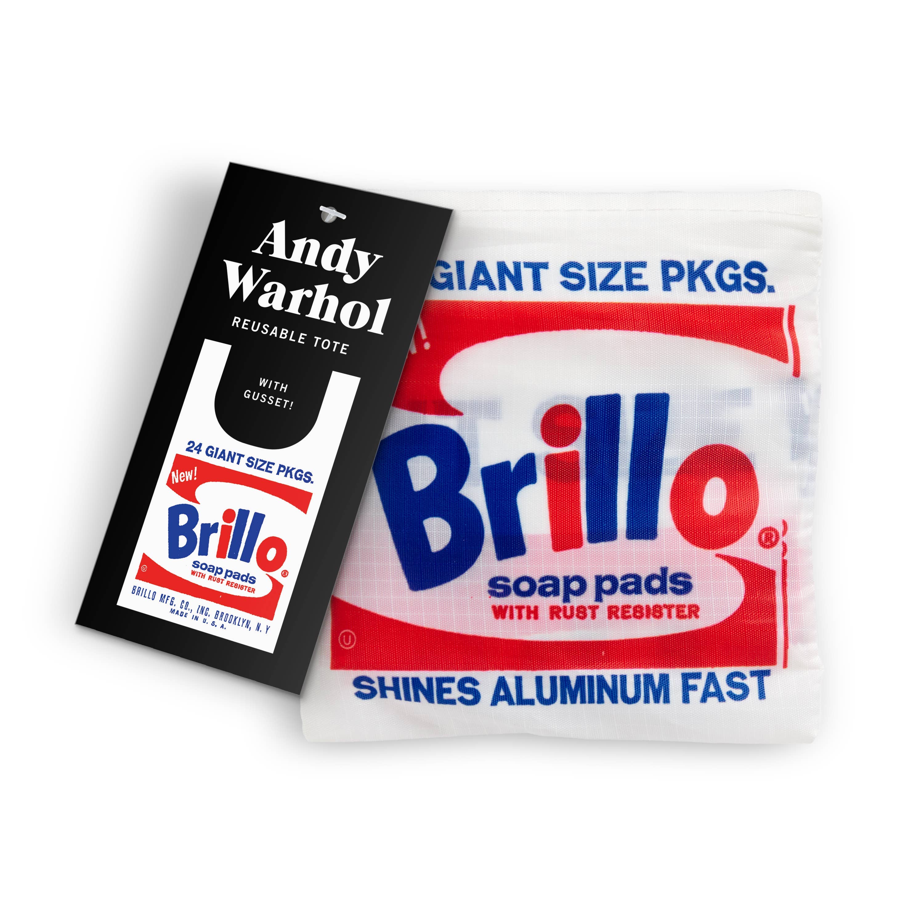 View of the reusable tote bag folded up with the Andy Warhol tag