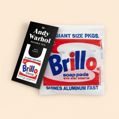 View of the reusable tote bag folded up with the Andy Warhol tag