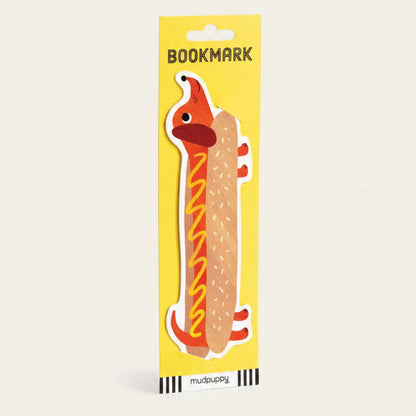 Hot dog-shaped bookmark with yellow packaging on a white background