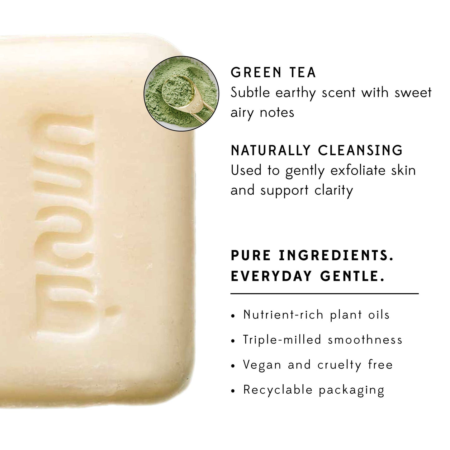 Bar of soap with green tea label and product details on a white background