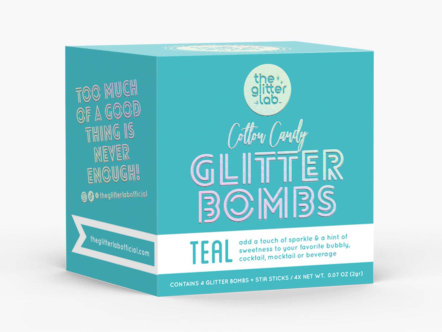 Box of Teal Glitter Bombs with pouches and stir sticks, ready to add sparkle to any celebration.