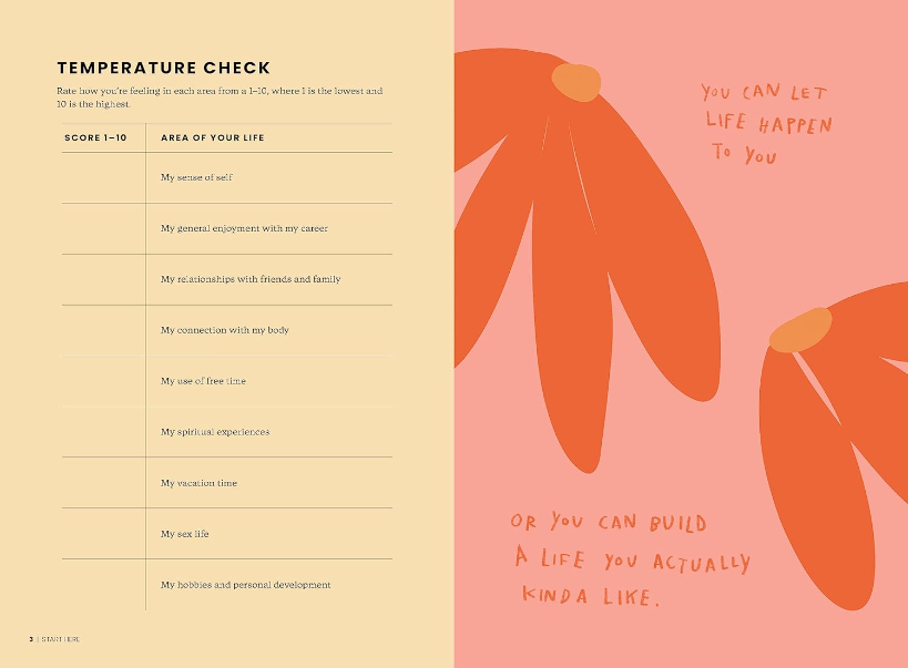 Sheet with temperature check questionnaire on a beige background and motivational quote on a pink background.