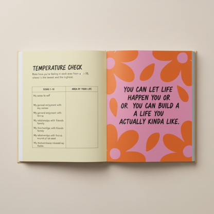 Sheet with temperature check questionnaire on a beige background and motivational quote on a pink background.