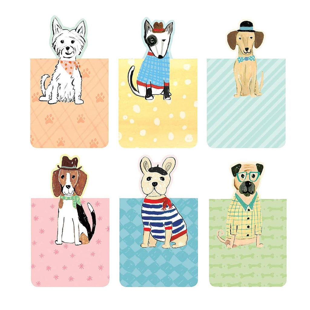 Full set of dog bookmarks fanned out on a white background