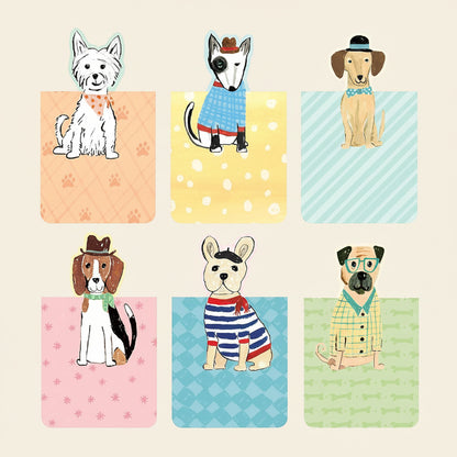 Full set of dog bookmarks fanned out on a white background