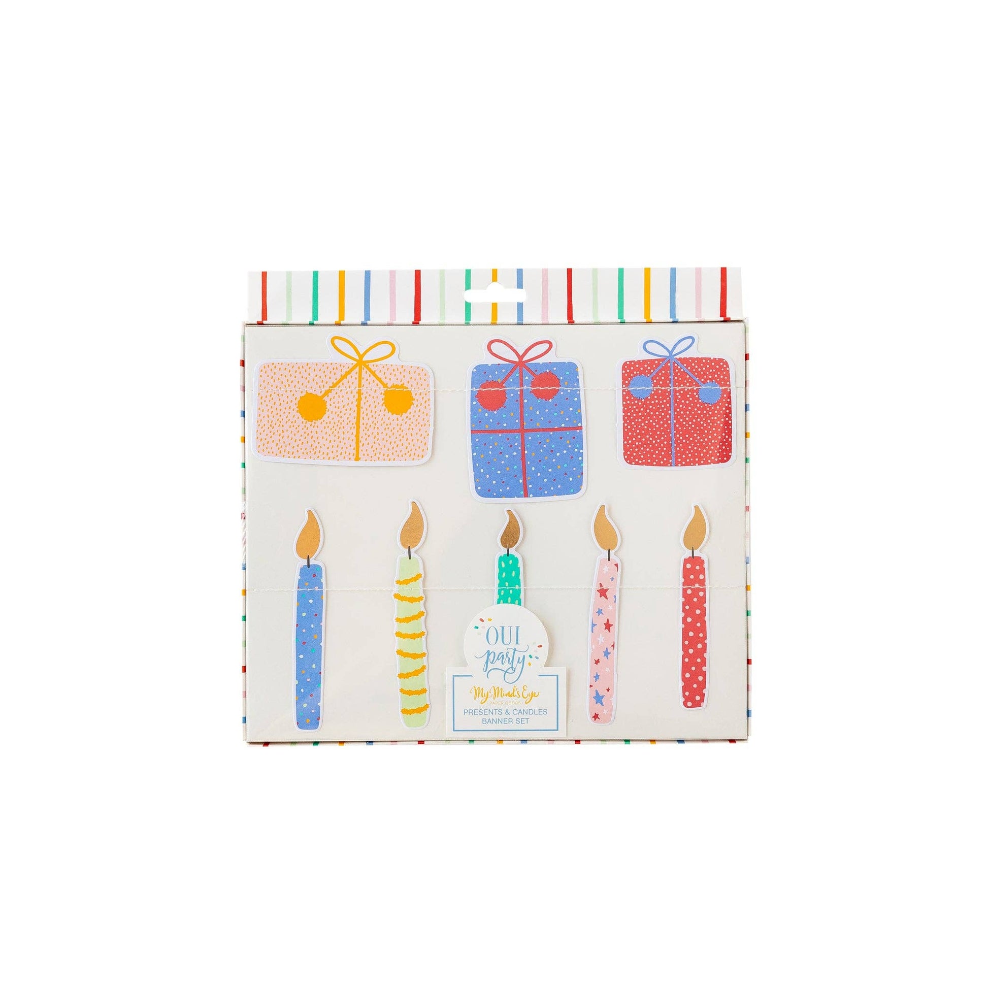 A colorful birthday party mini banner featuring illustrations of gifts and birthday candles on a white background, with decorative elements like stripes and a 'Happy Birthday' message.