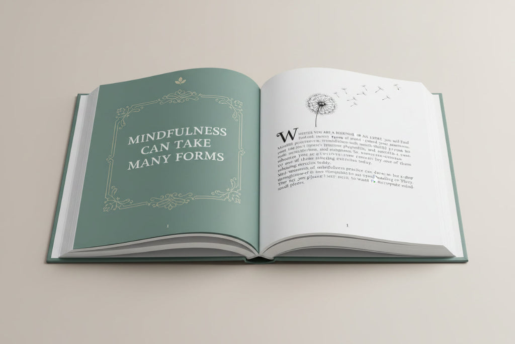 Book or magazine page about mindfulness with text and decorative elements.