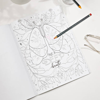Image of a moth with the prompt, 'Take a Deep breath" on the coloring book.