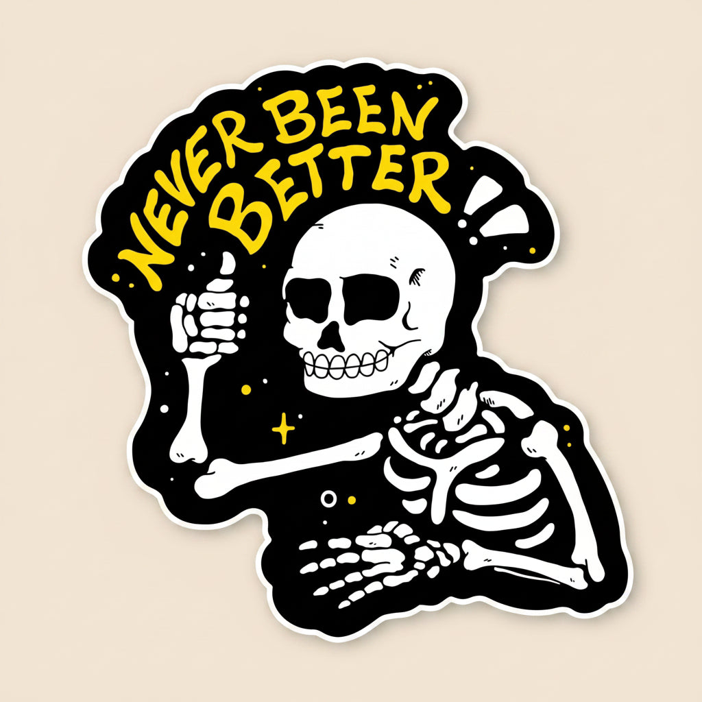 Never Been Better skeleton vinyl sticker with humorous design for resilience and self-care