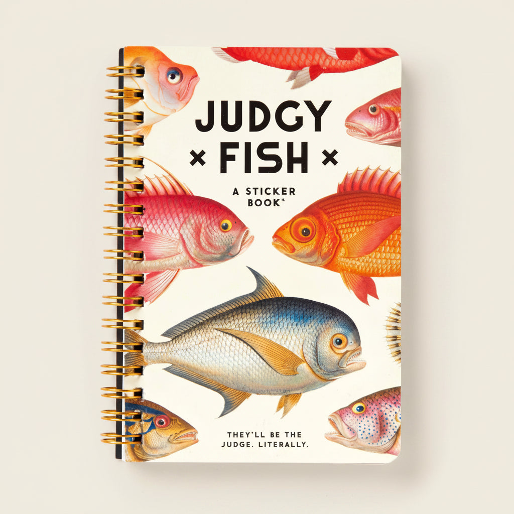 Sticker book cover with colorful fish illustrations and text 'JUDGY FISH' on a white background.
