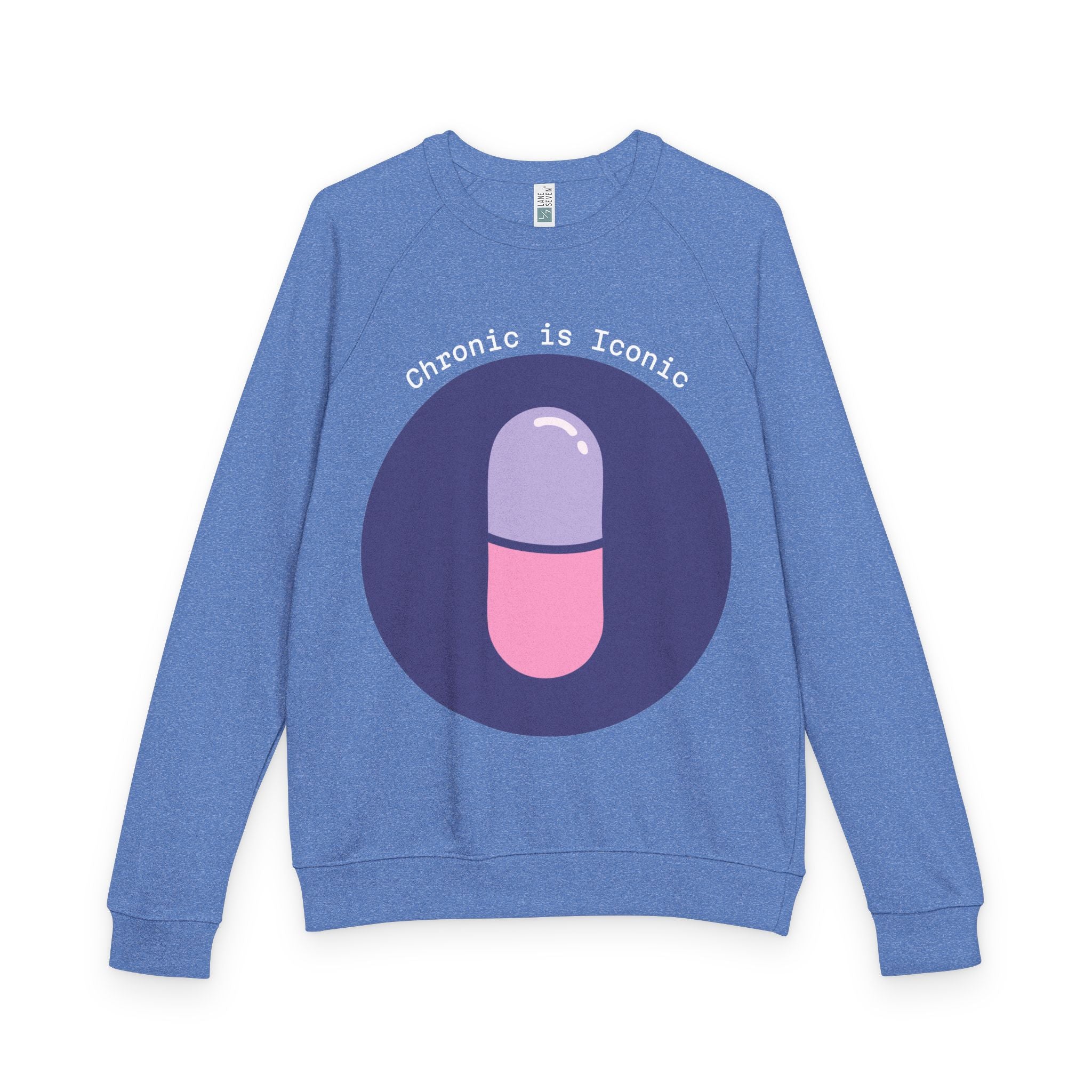 Blue sweatshirt with a pink and purple pill graphic and 'Chronic is Iconic' text on a white background