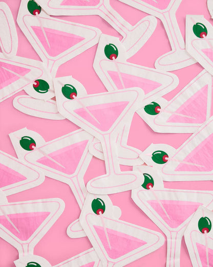"Extra Dirty" martini-themed paper napkins with a printed pink martini glass and green olive, perfect for cocktails, birthdays, and celebrations.