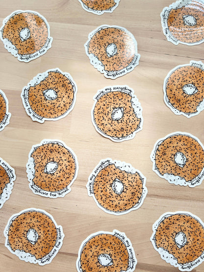 Playful vinyl sticker featuring a bagel with a heartfelt message