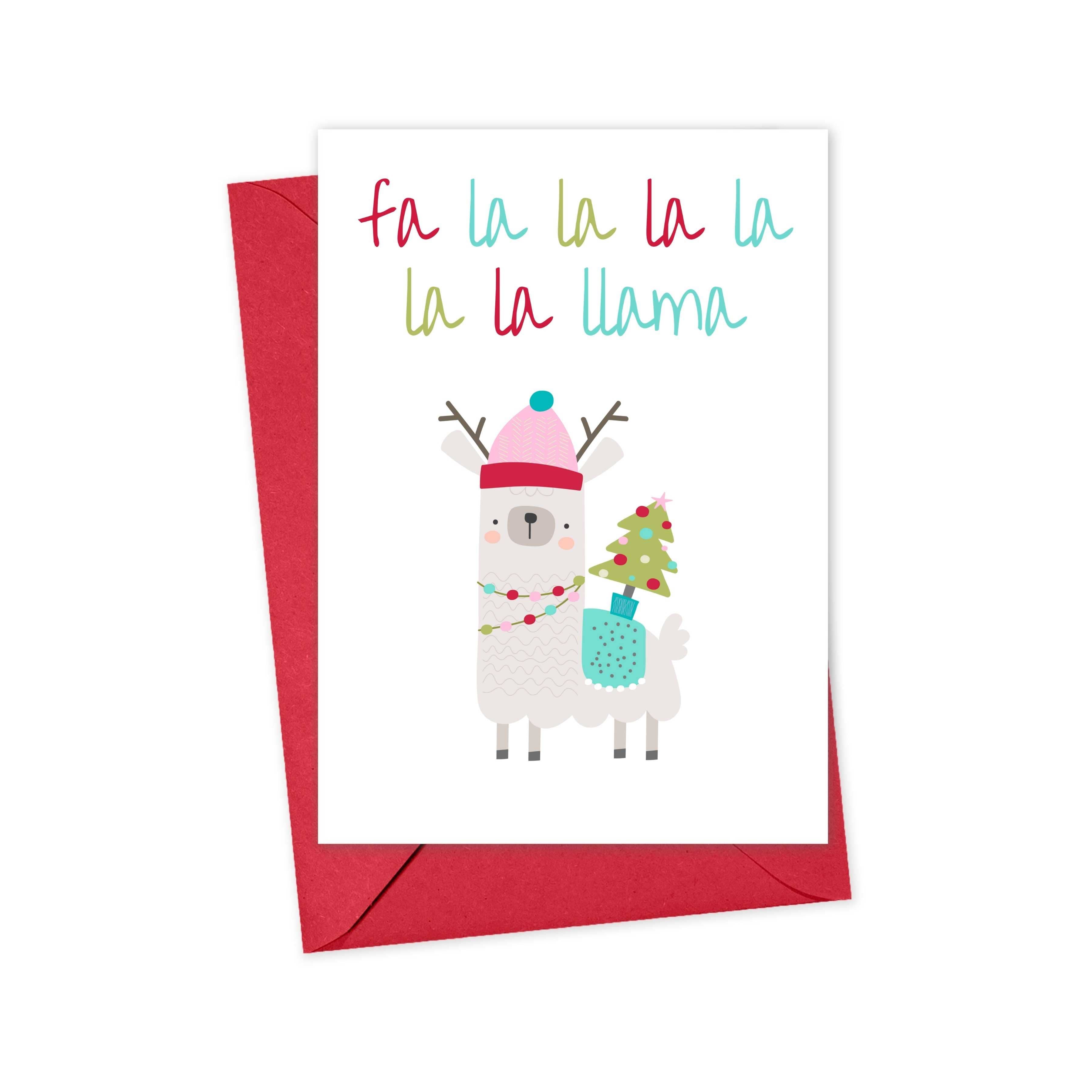 Close-up of funny llama Christmas card with festive red envelope