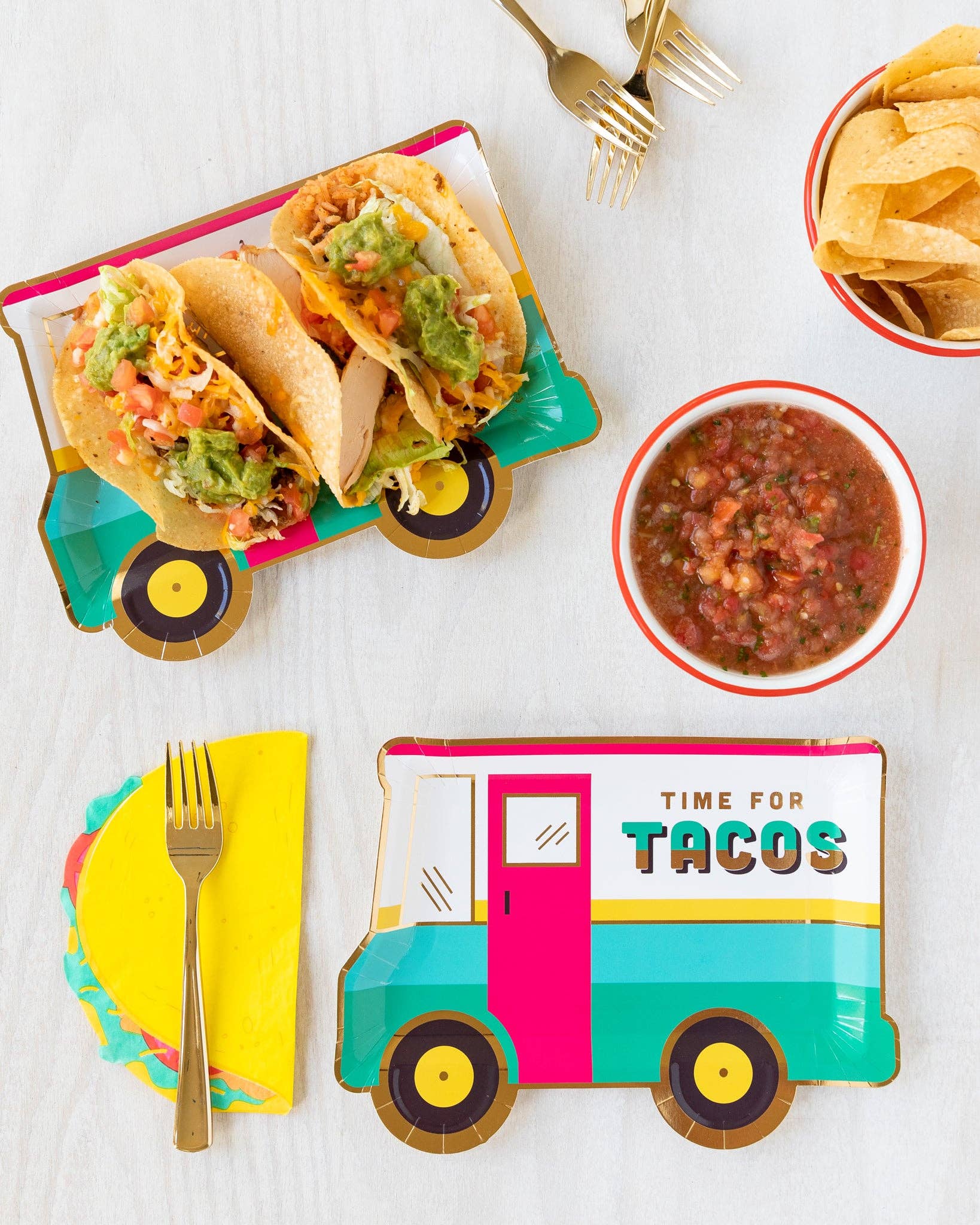 Taco Truck Shaped Paper Plates with tacos  - Perfect for Taco Tuesday Parties