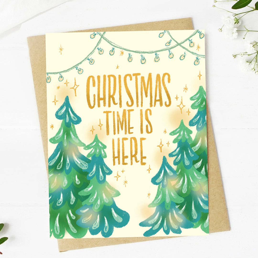 Greeting card with Christmas trees and 'Christmas time is here' text on a white background