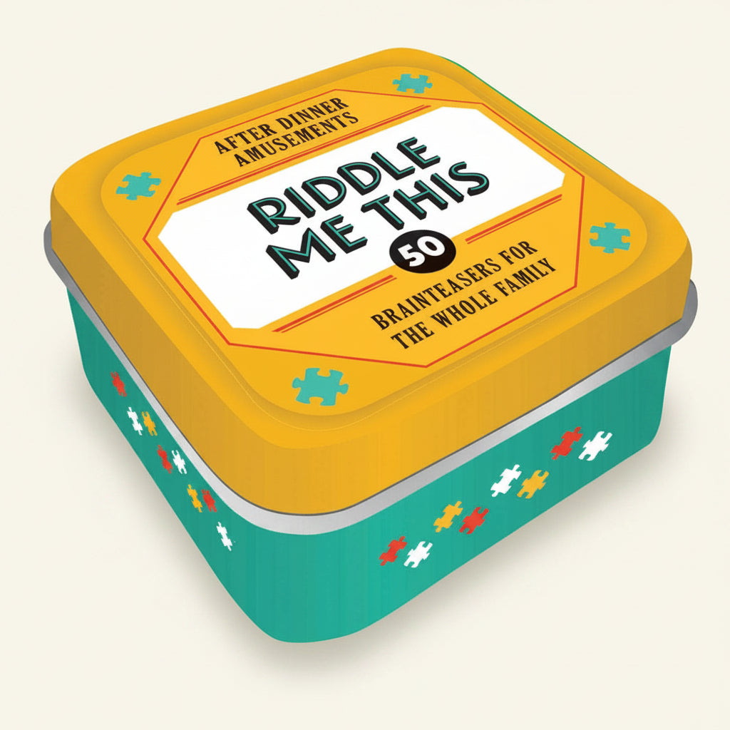 Container with 'Riddle Me This' text on a yellow lid and teal body, featuring puzzle piece designs.