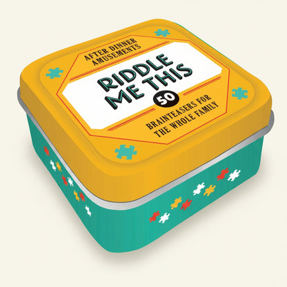 Container with 'Riddle Me This' text on a yellow lid and teal body, featuring puzzle piece designs.
