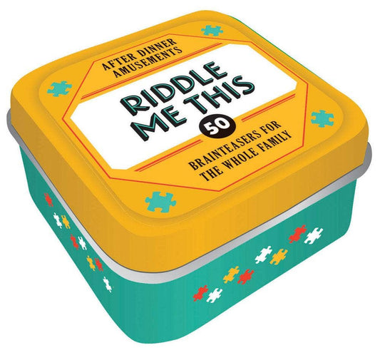 Container with 'Riddle Me This' text on a yellow lid and teal body, featuring puzzle piece designs.