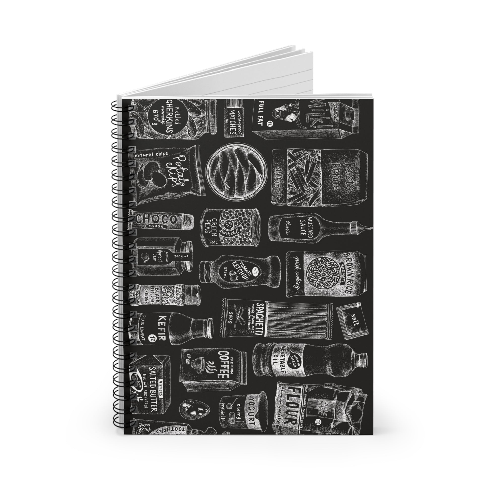 Chalkboard illustration of food on a spiral bound journal