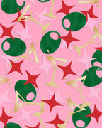 Martini Moment confetti with gold martini glasses, green olives, and pink and red foil sparkles for party celebrations