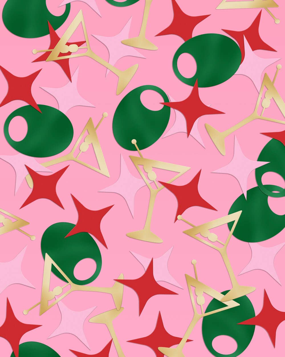 Martini Moment confetti with gold martini glasses, green olives, and pink and red foil sparkles for party celebrations