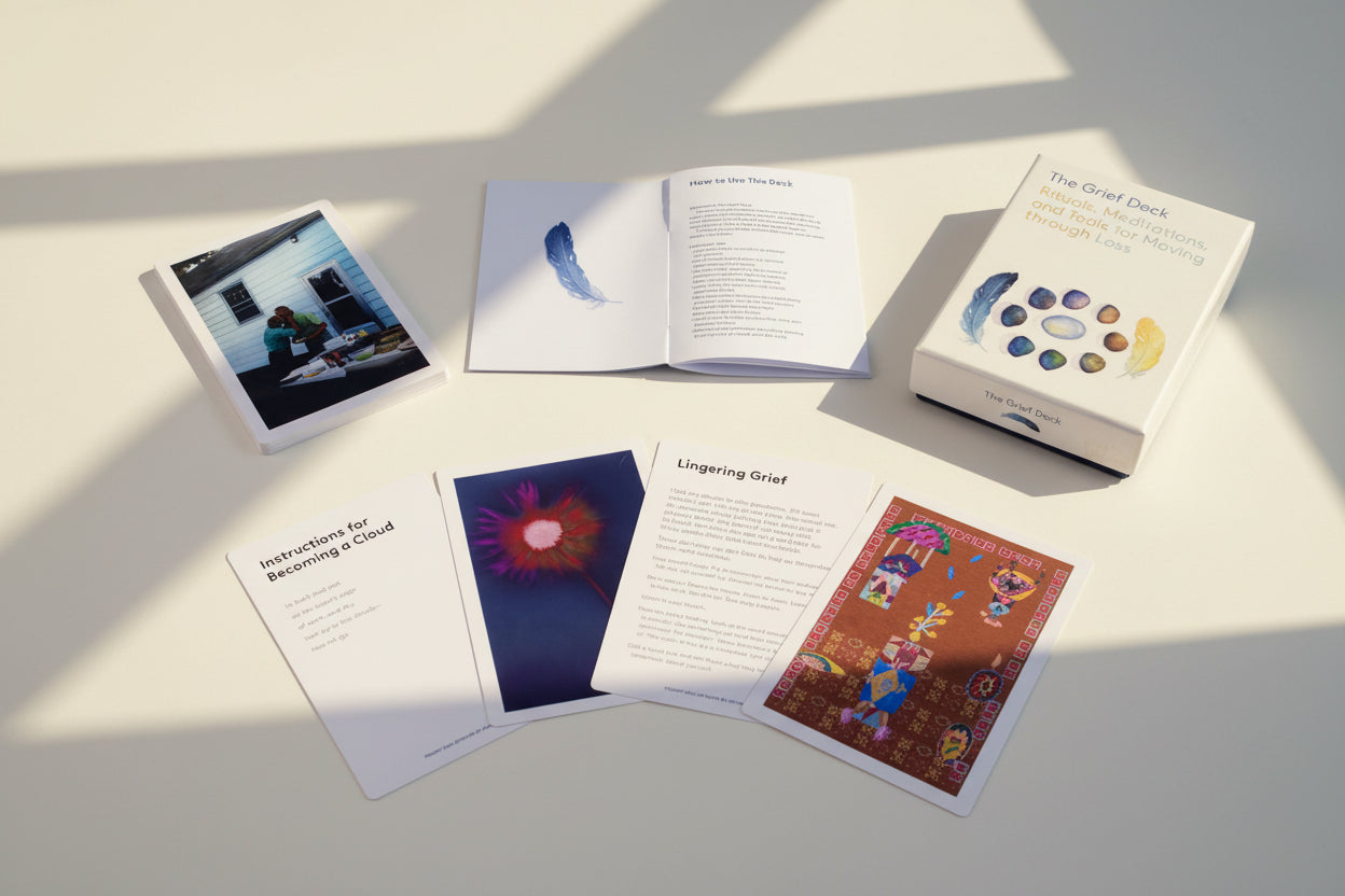 Collection of books and cards on a white background