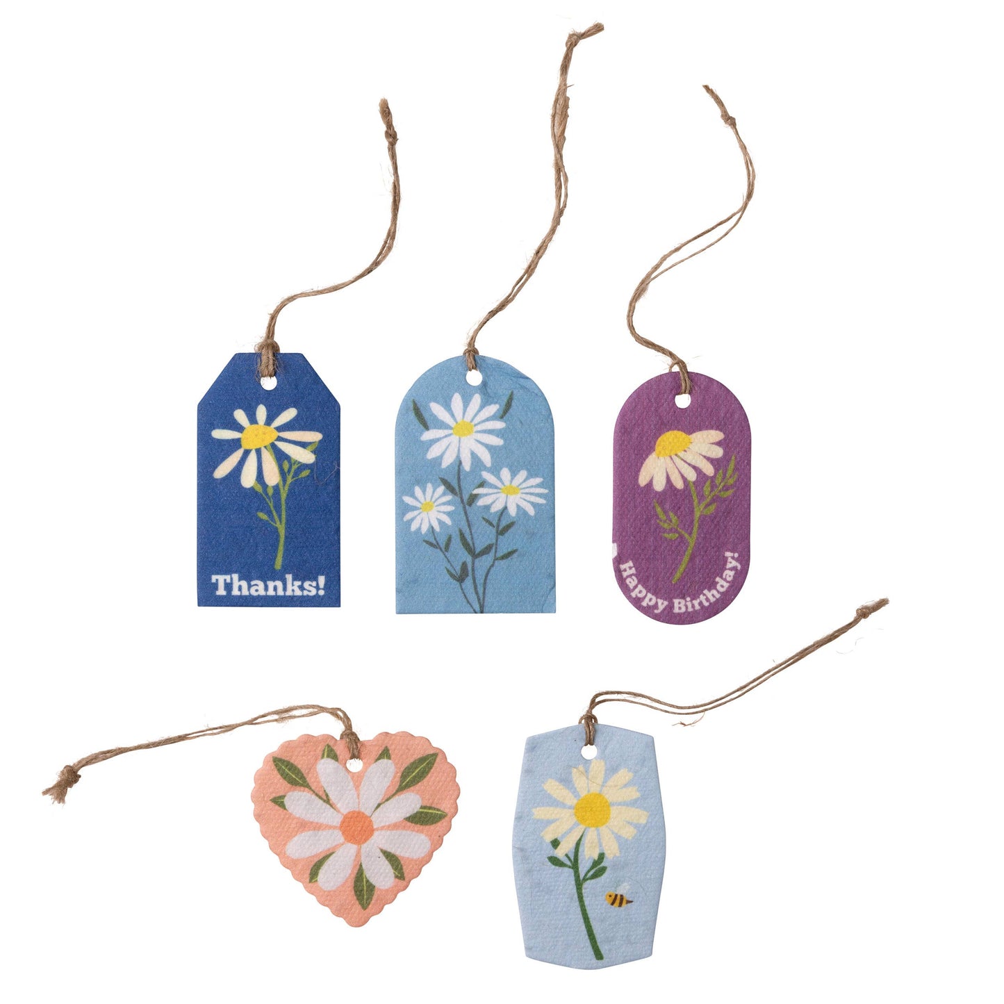 Set of decorative gift tags with Daisy designs and text on a white background