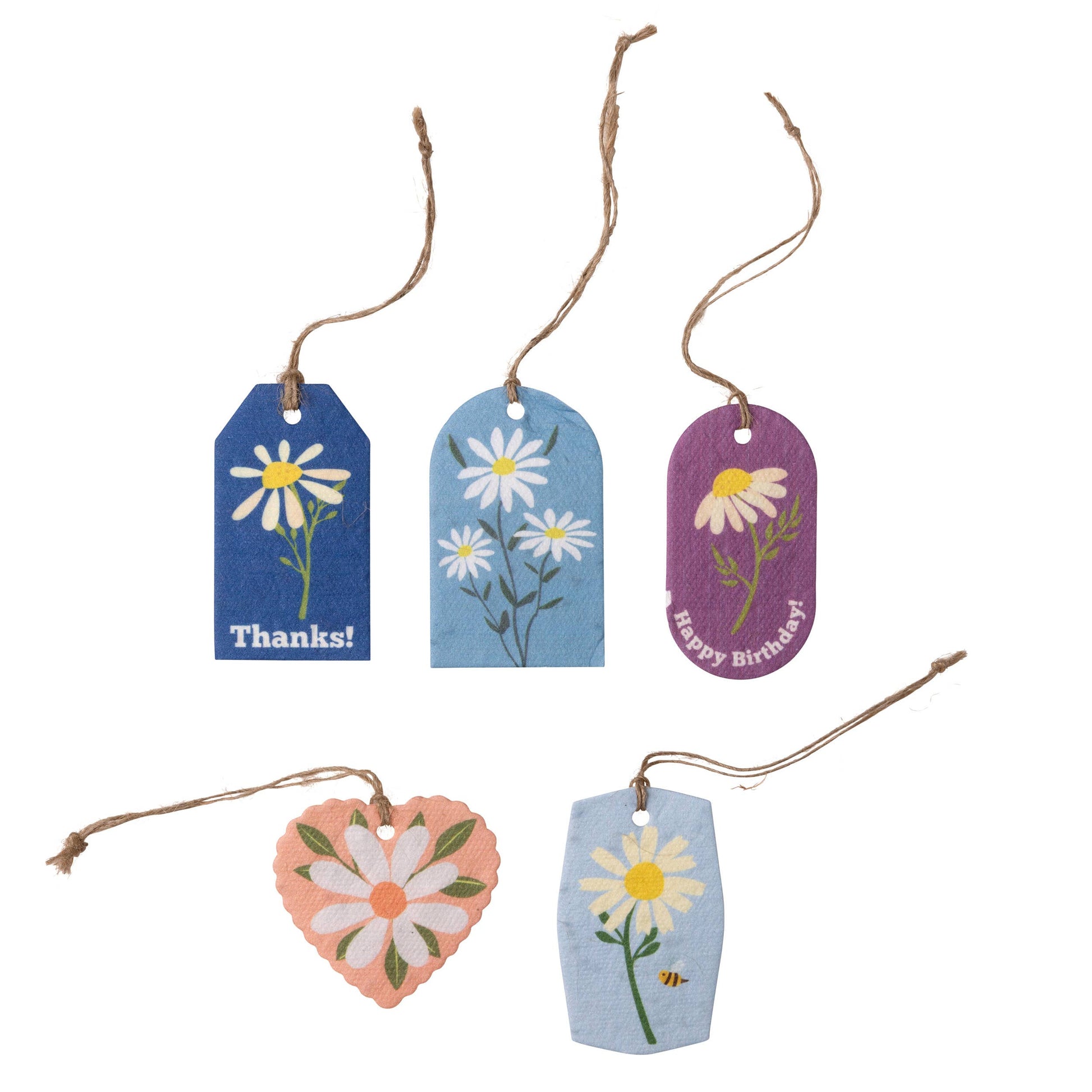 Set of decorative gift tags with Daisy designs and text on a white background