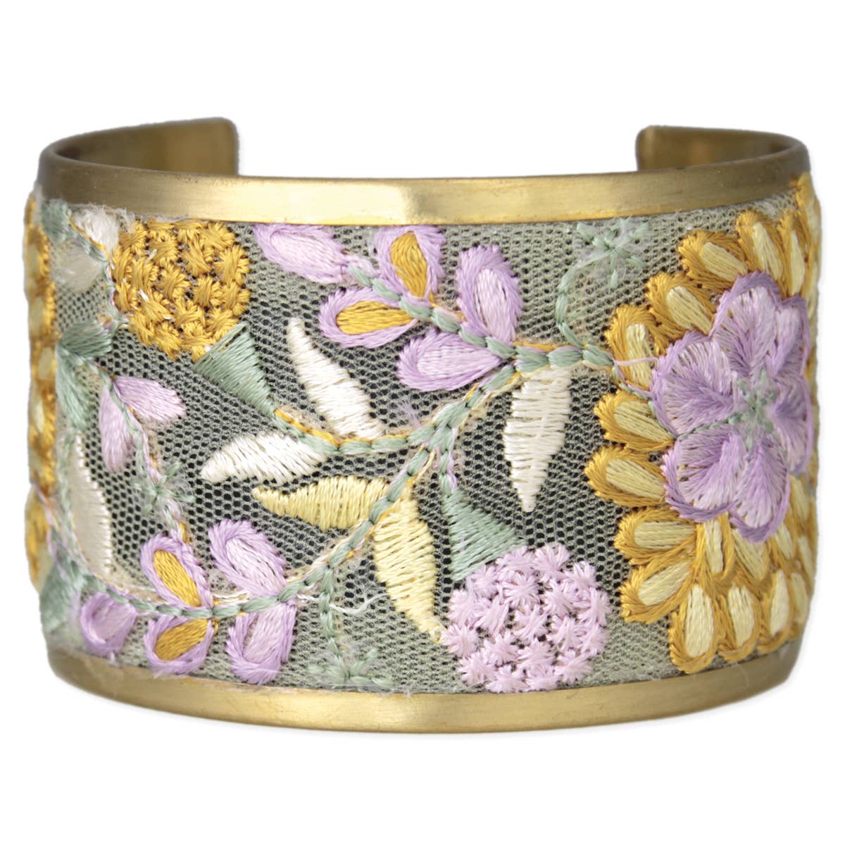 Gold bracelet with floral embroidery on a white background