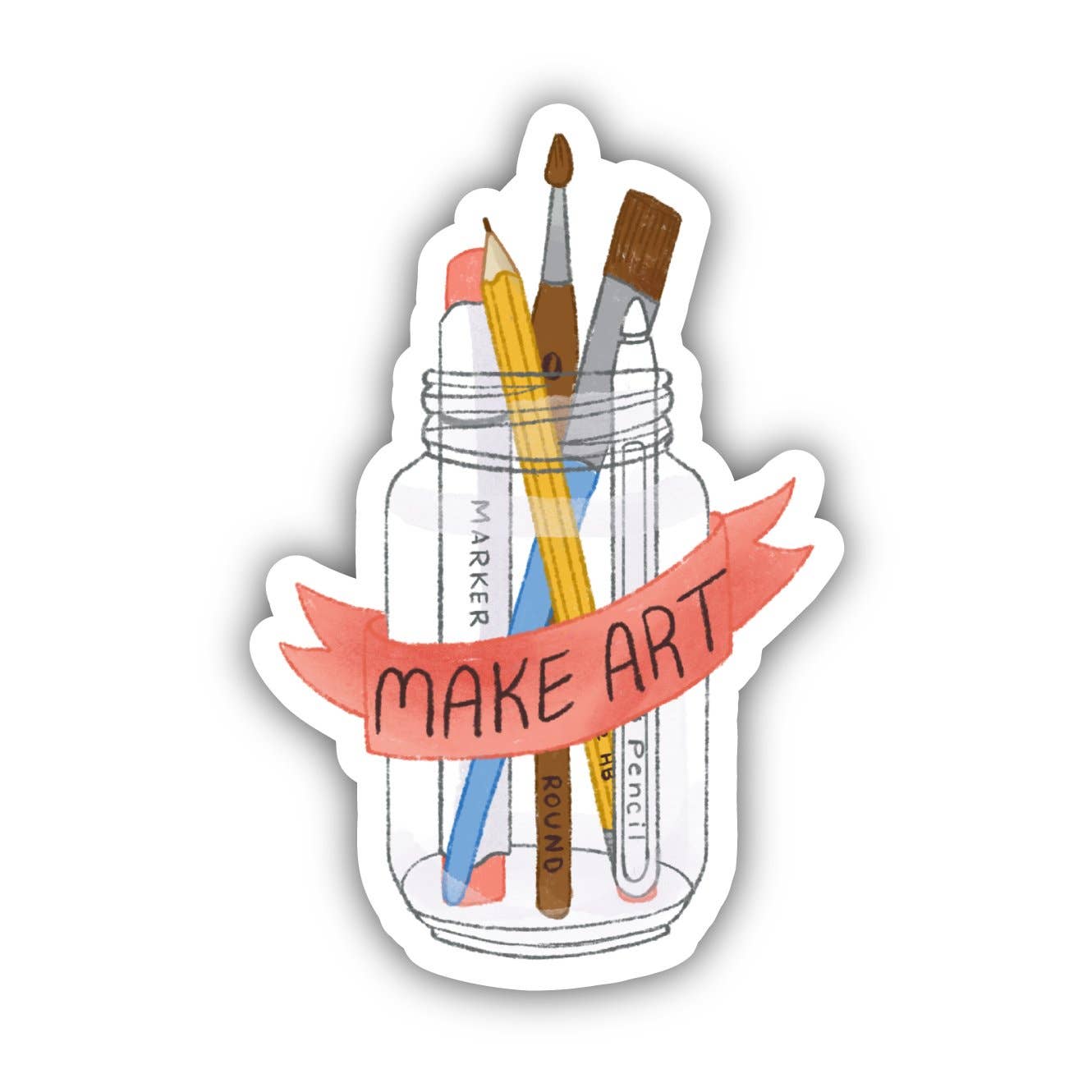 Make Art Paintbrush sticker on laptop, water bottle, and sketchbook
