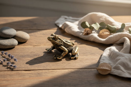 Bronze frog figurine on a wooden surface with stones and plants in the background