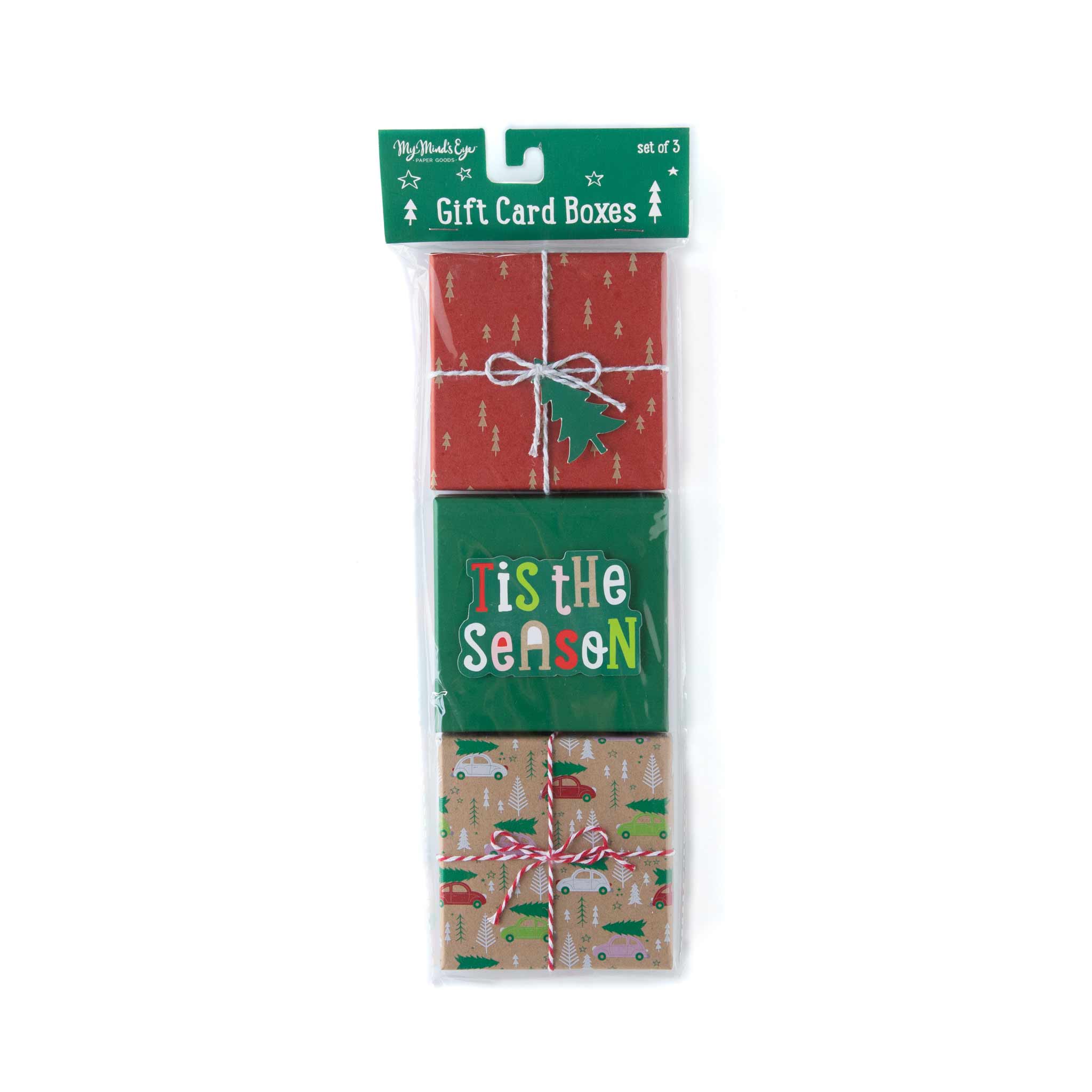 Set of three festive holiday gift card boxes with seasonal designs