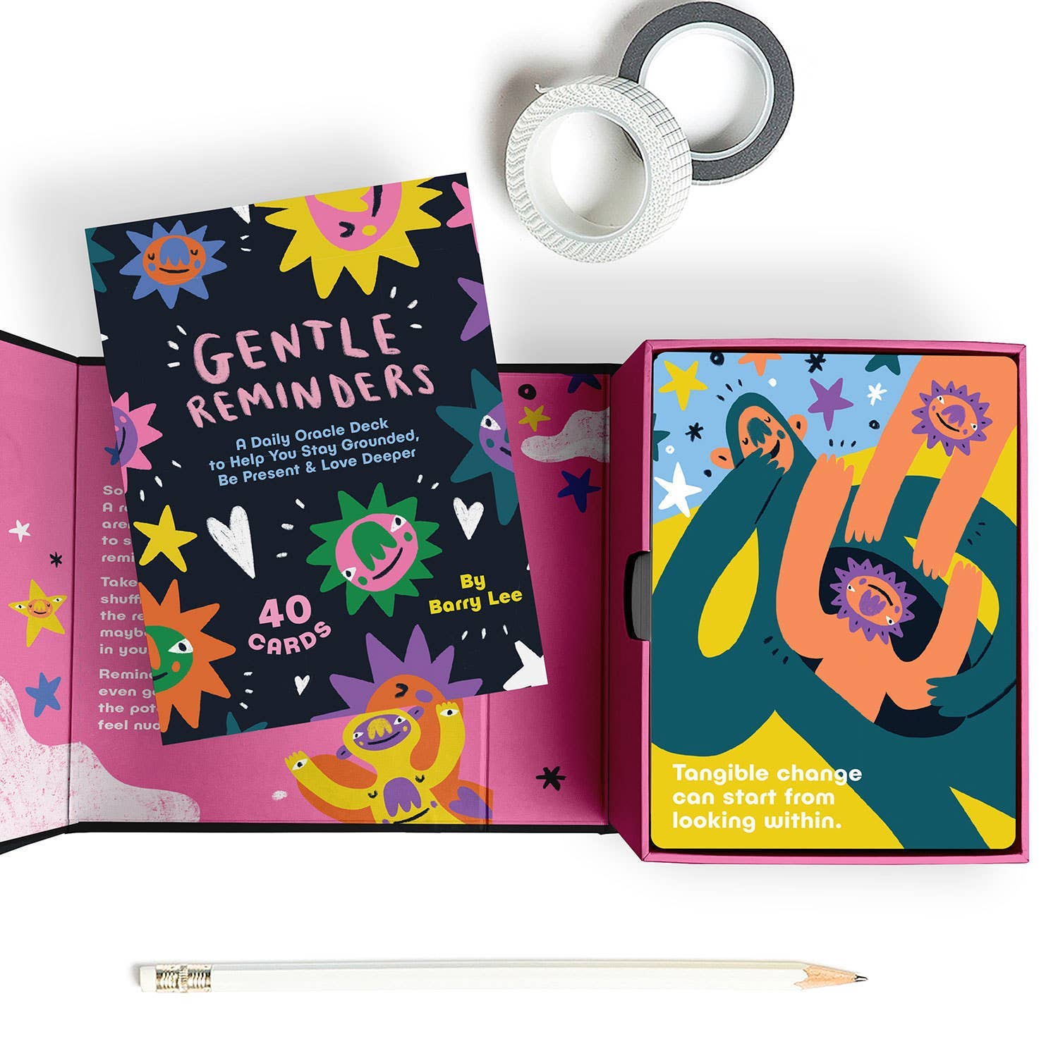 Colorful card deck with 'Gentle Reminders' and 'Daily Oracle Deck' text, featuring abstract designs.