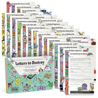 Set of colorful letters with a book titled 'Letters to Destroy' on a white background