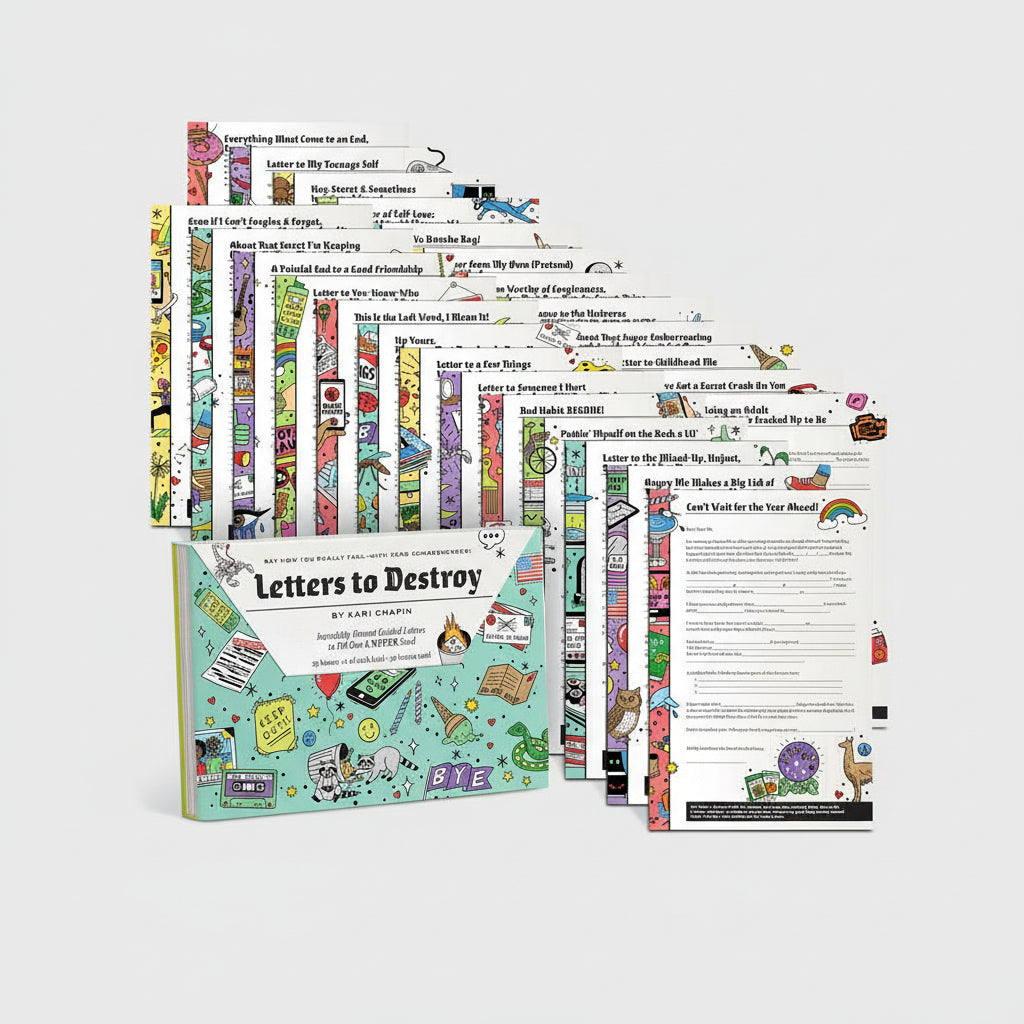 Set of colorful letters with a book titled 'Letters to Destroy' on a white background