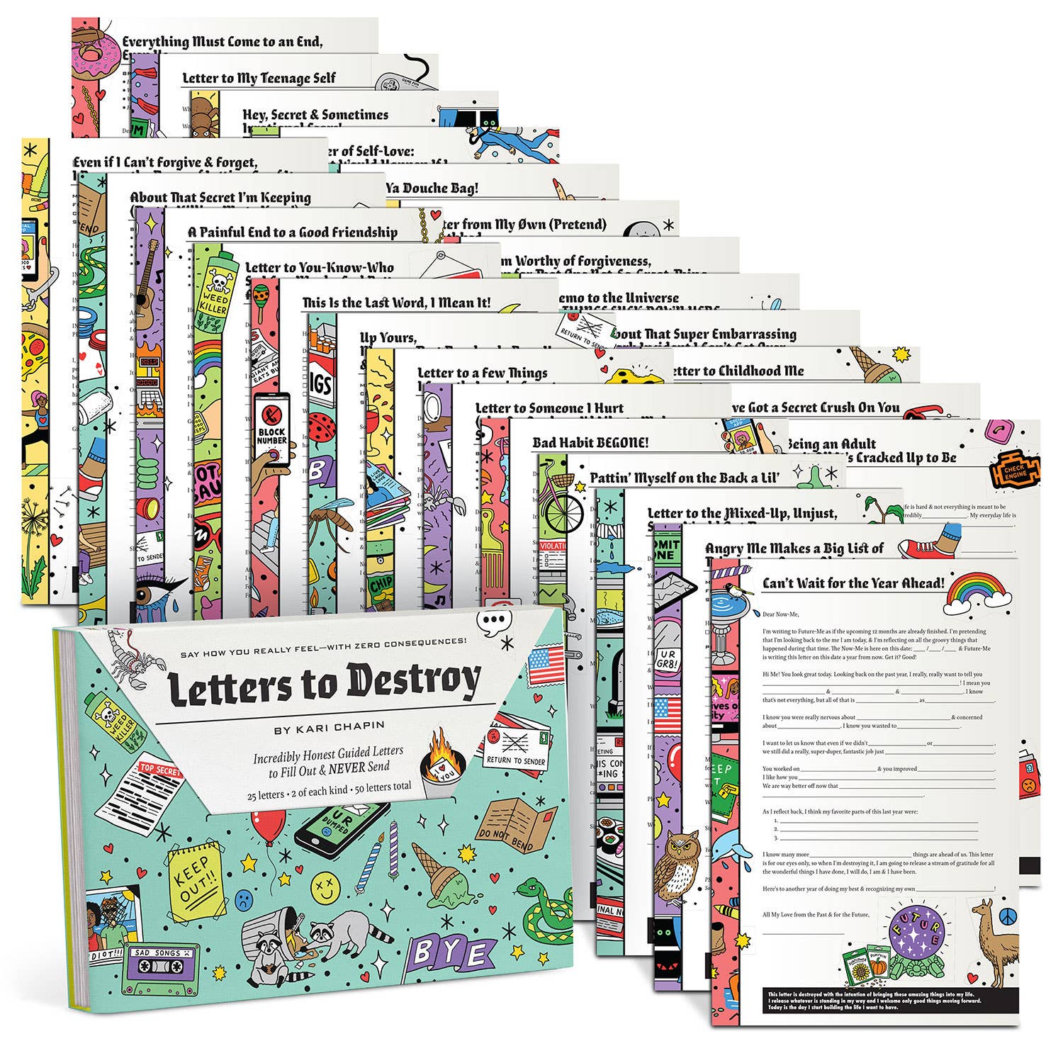Set of colorful letters with a book titled 'Letters to Destroy' on a white background