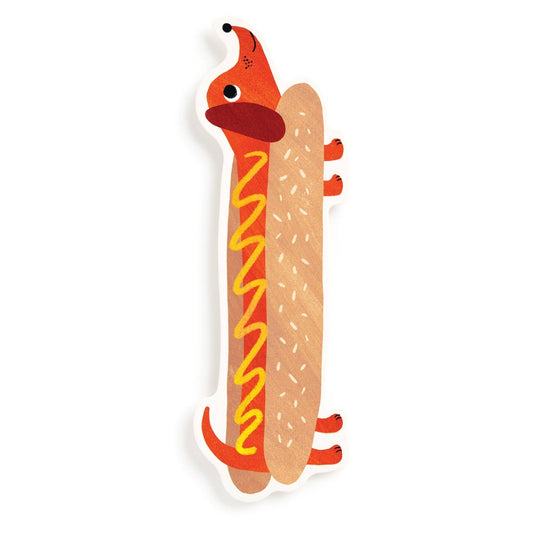 Illustration of a hot dog with a face on a white background