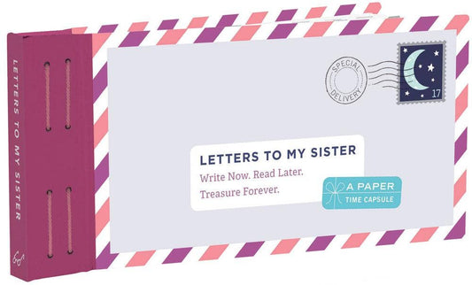 Close up view of the "Letters to My Sister" booklet with prompted envelopes and vintage-style stickers