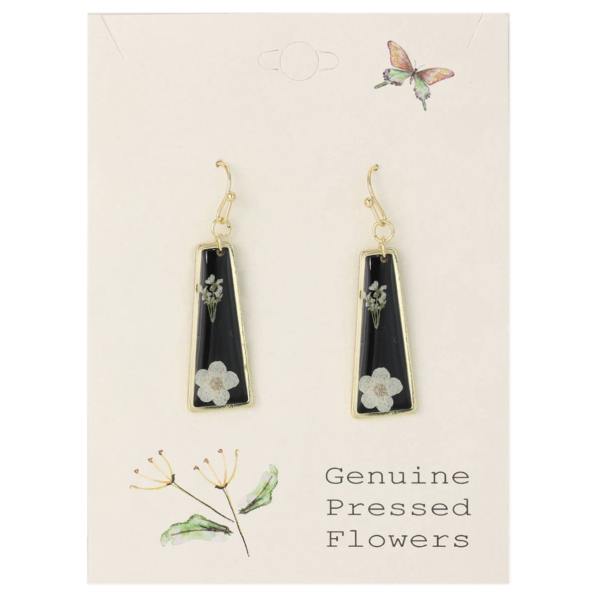 Black teardrop earrings with floral details on a beige card with botanical illustrations.