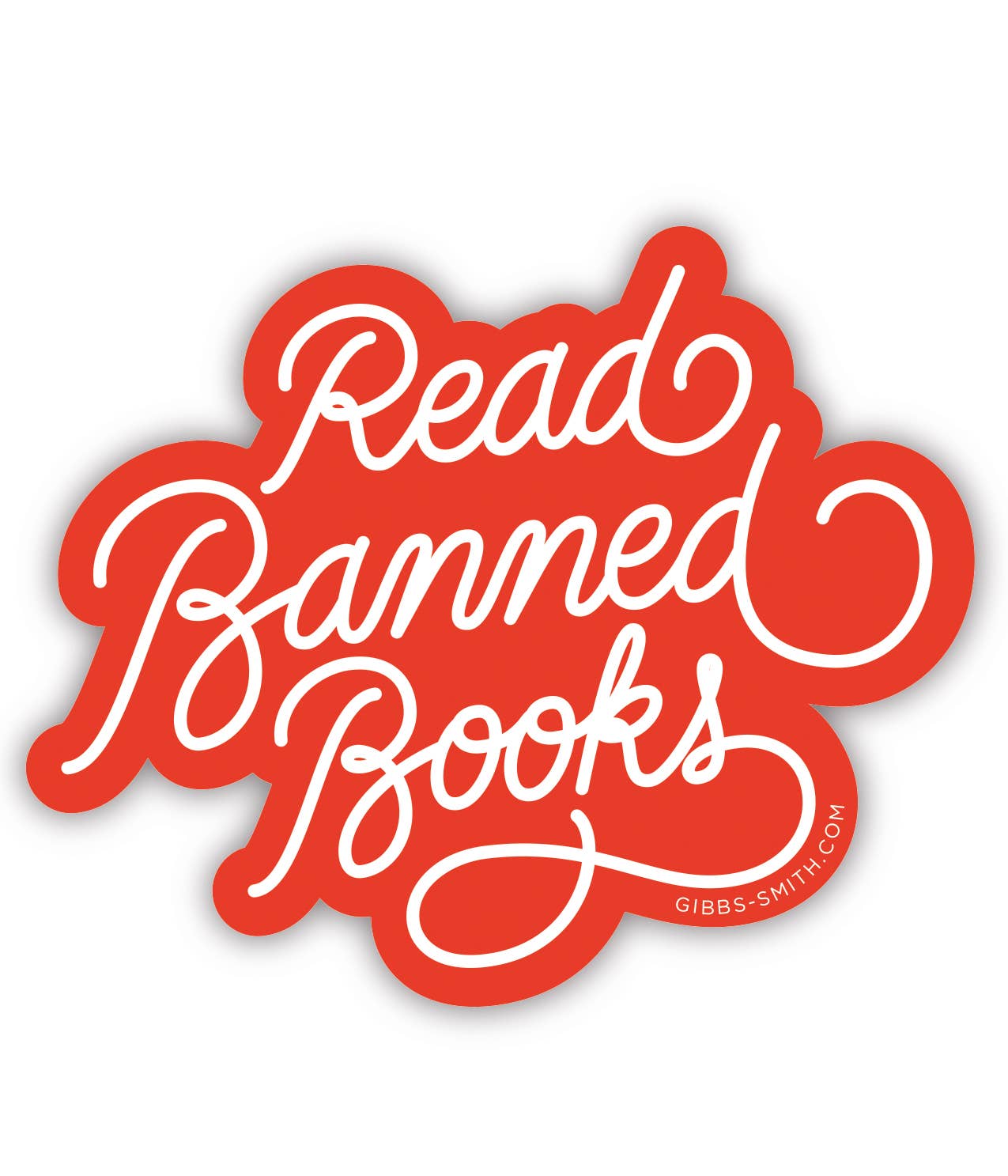 Elegant red and white "Read Banned Books" vinyl sticker with flourished font