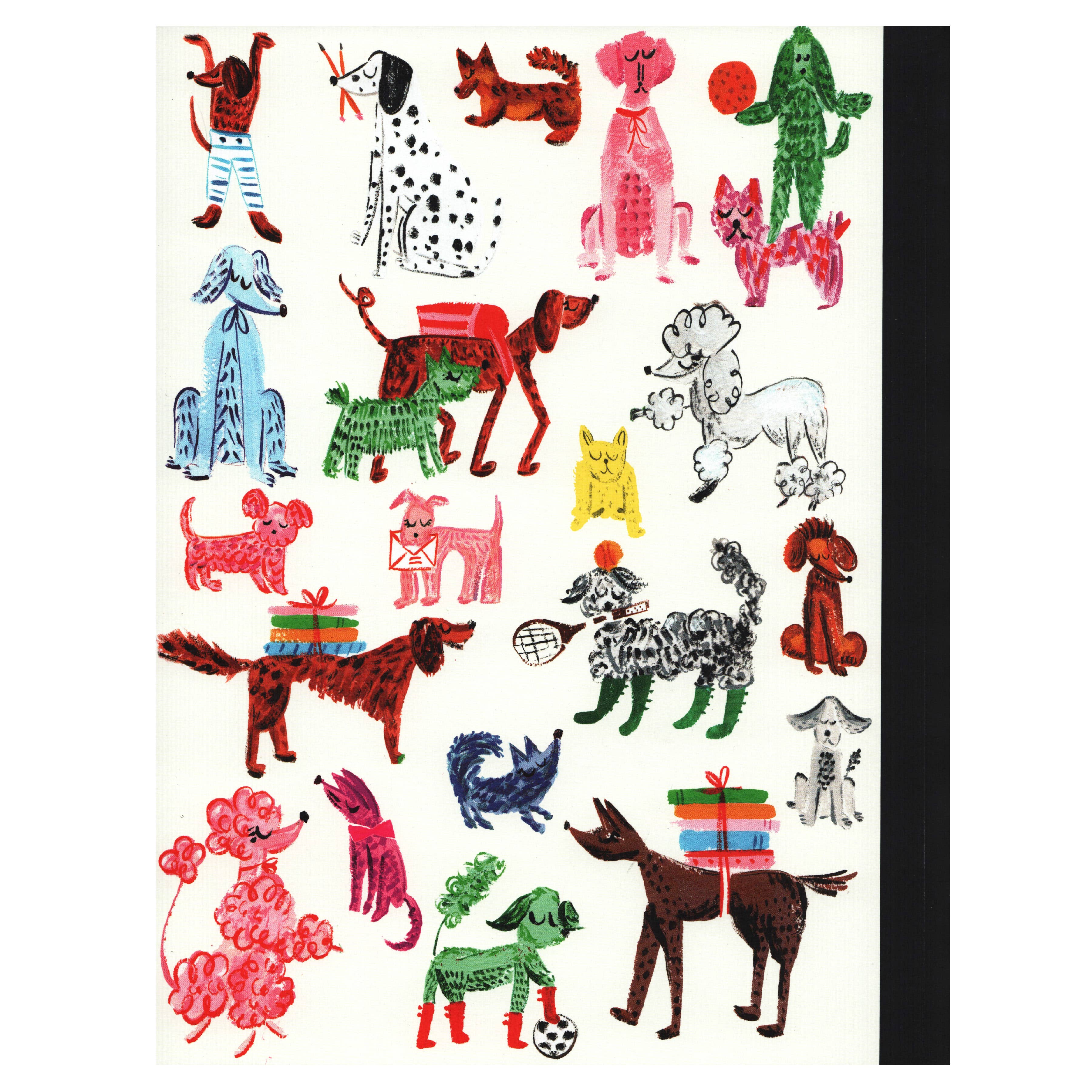 Close up view of the back cover of the composition book showcasing the details and variety of dogs