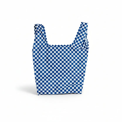 A blue and white checkerboard pattern tote bag