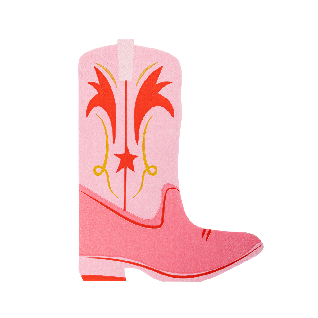 Pink boot-shaped dinner napkins with gold foil and red accents 