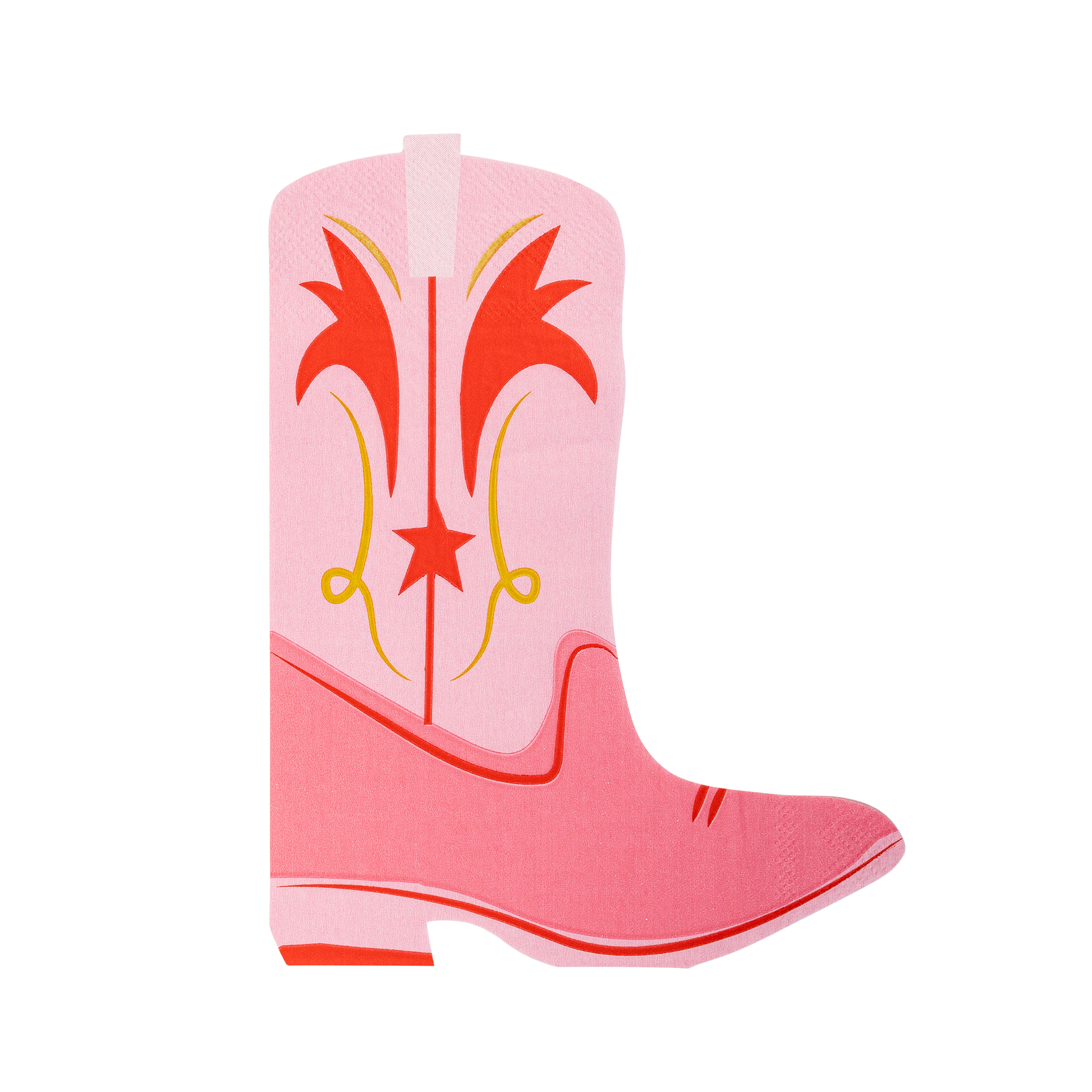 Pink boot-shaped dinner napkins with gold foil and red accents 
