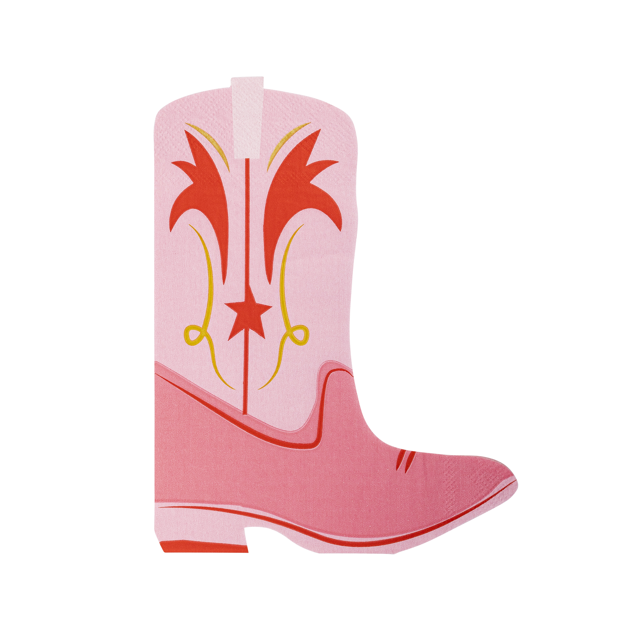 Pink boot-shaped dinner napkins with gold foil and red accents 
