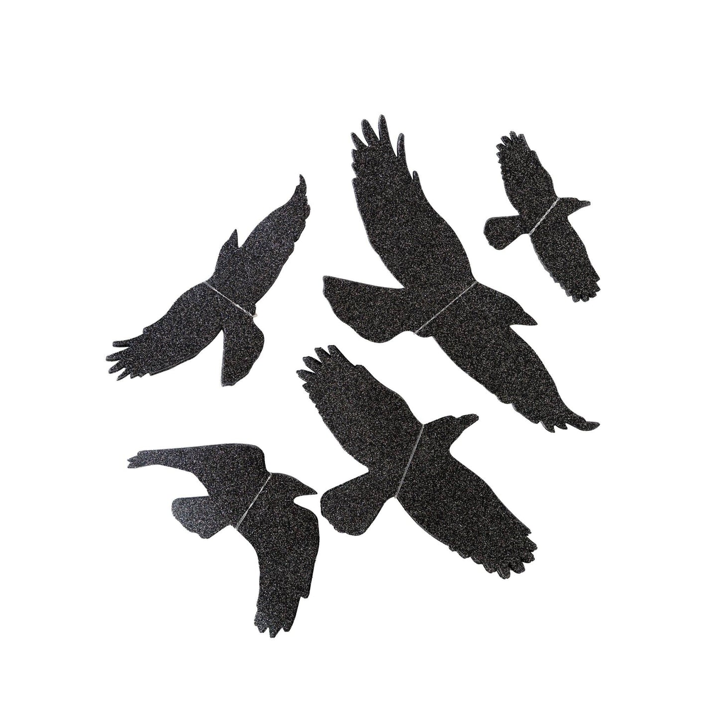 Black silhouette of six birds on a white background