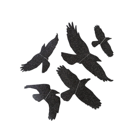 Black silhouette of six birds on a white background
